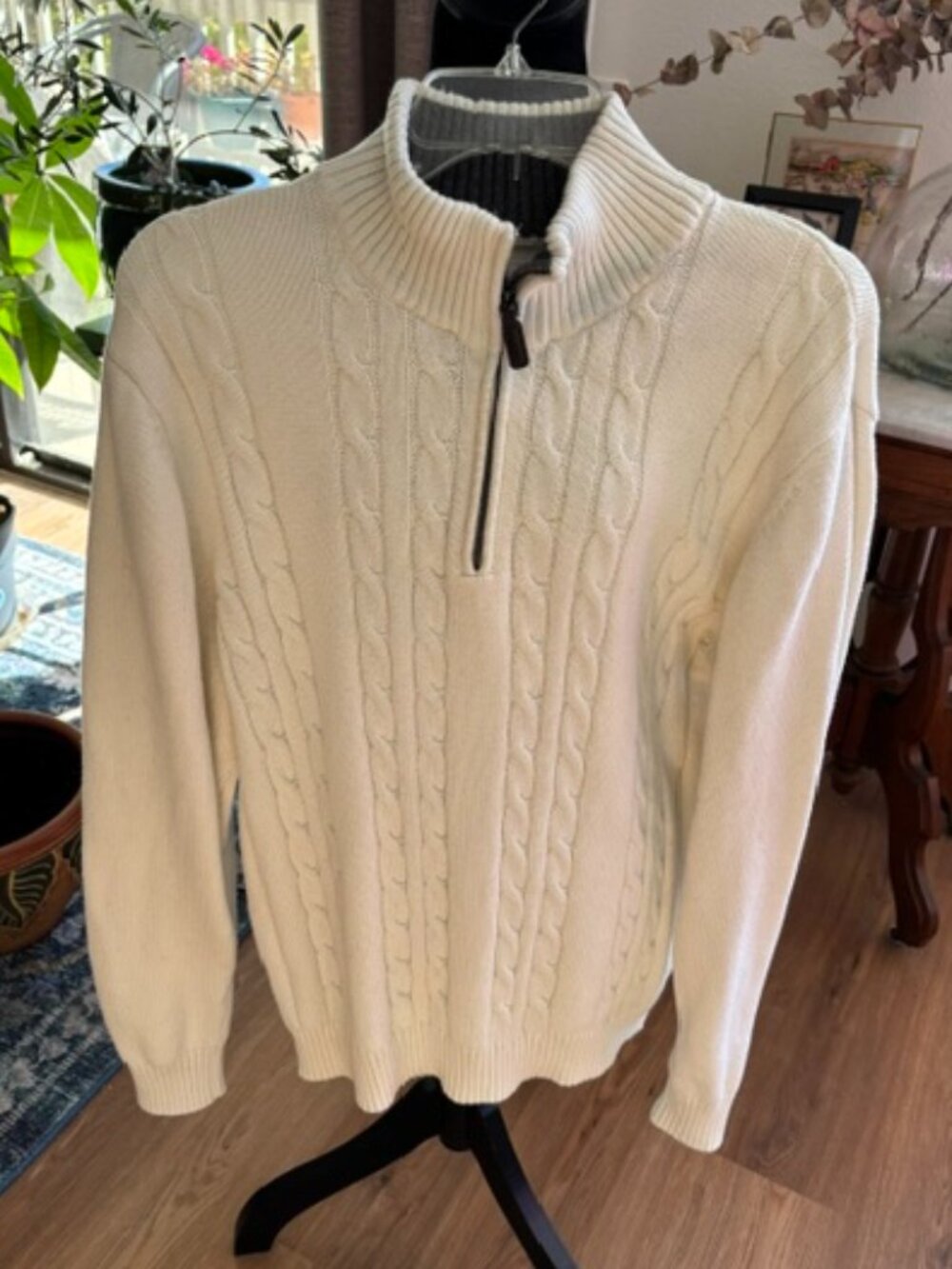 Haggar 100% Cotton 1/4 Zip Cable Knit Winter White Sweater EUC L
